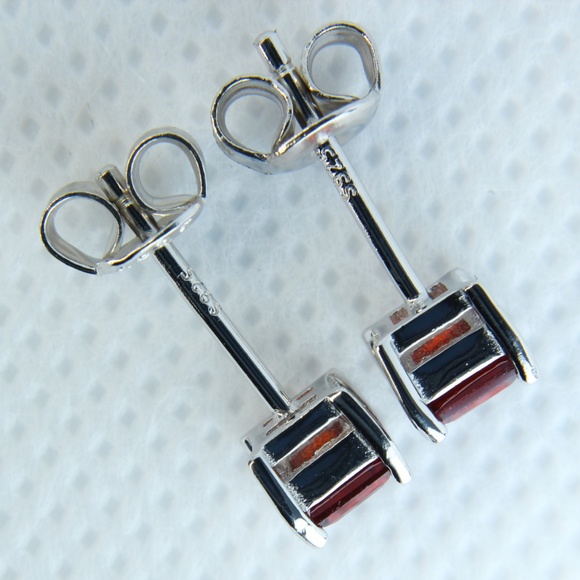 Sterling Silver Genuine Garnet Stud Earrings - Picture 3 of 4